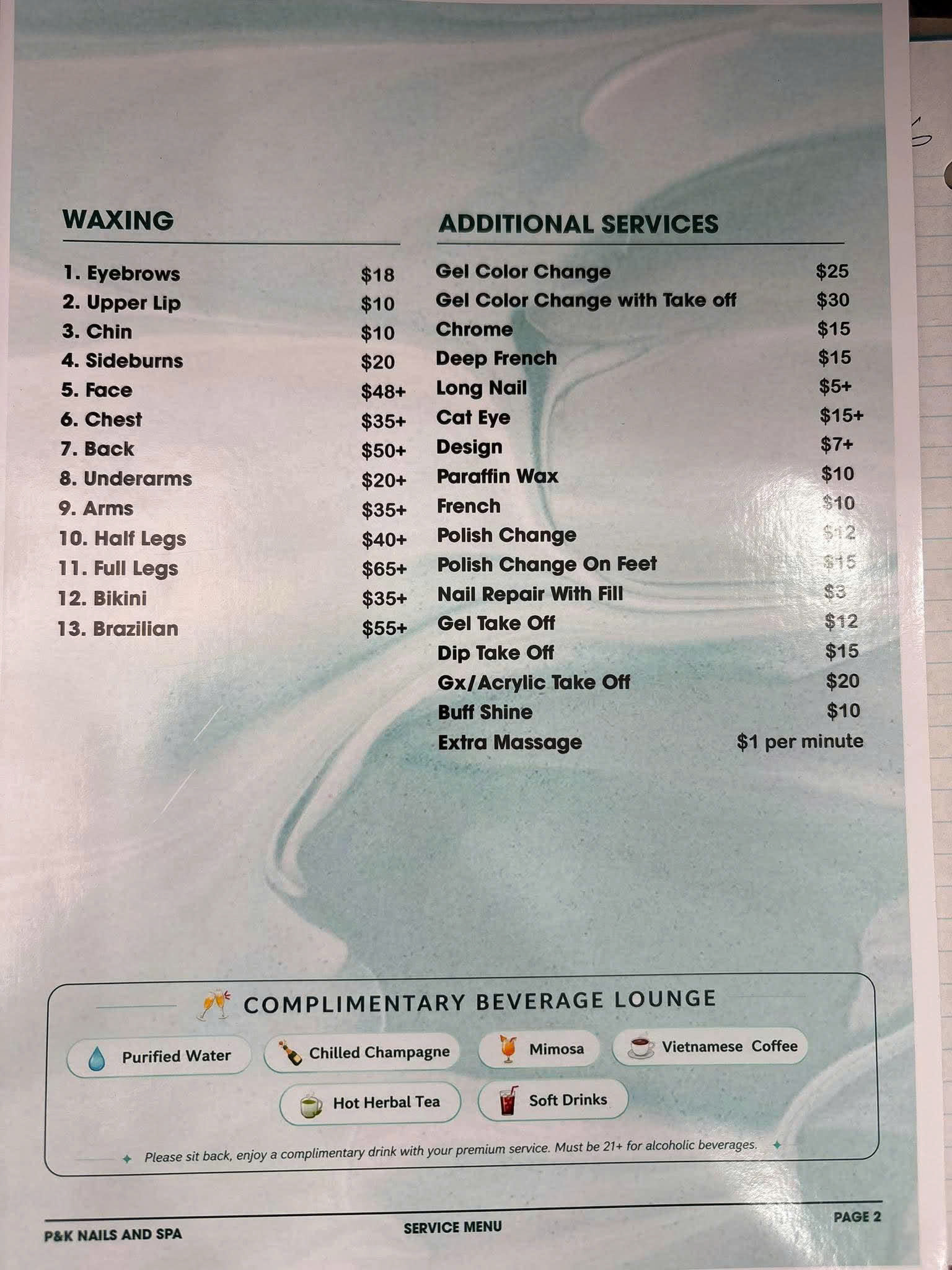 Original P&K service menu